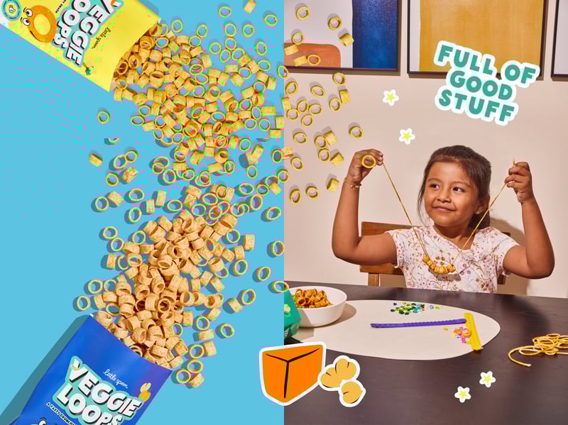 Little Spoon veggie loops coming out of their packaging and a little girl using them to make a necklace.