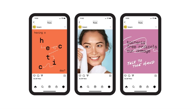 Three phone screens displaying Busy Co's instagram posts.