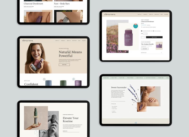 Five tablets displaying Cleo+Coco website.