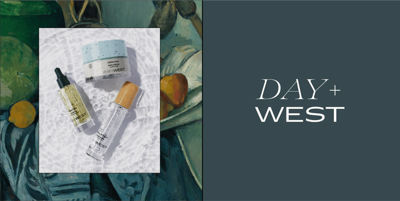 Day+West products in water alongside Day+West Logo