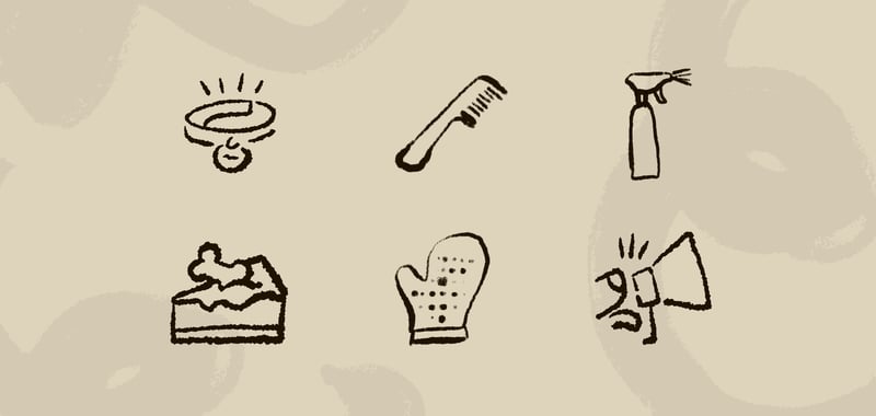 Illustrations of a doc collar, a comb, a spray, a dog cake, an oven mitt, and a loudspeaker. 