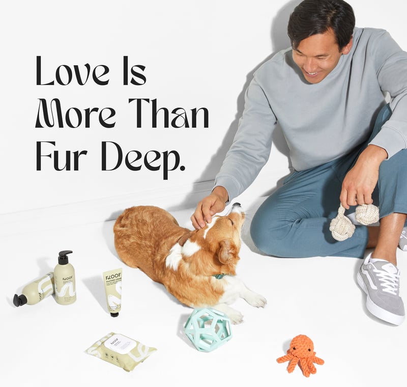 Man petting dog on the floor with FLOOF products next to them and text on image reading: 