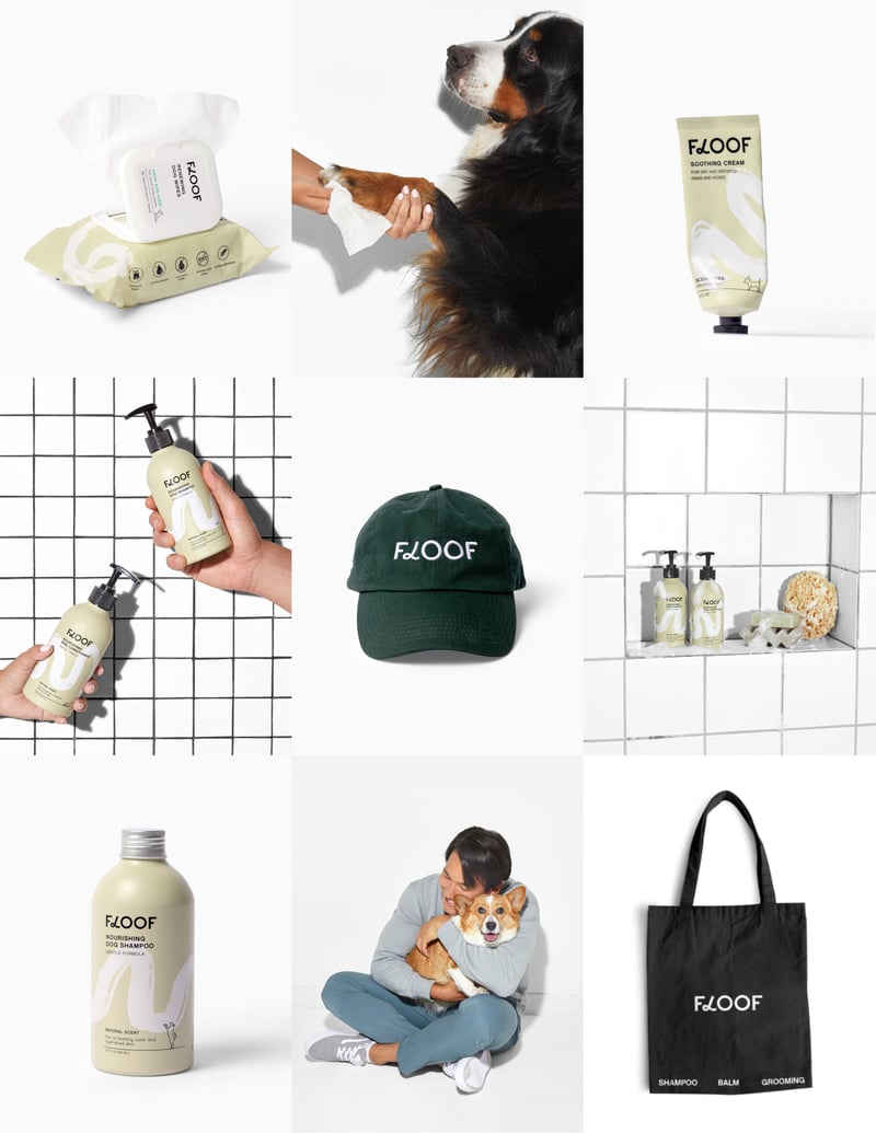 Images of FLOOF products on display, Image of person wiping a dog's paw.