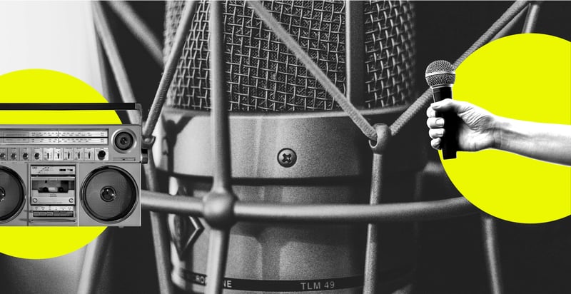 fls - close up of microphone with lime green circles with photos of a boom box and a hand with a microphone in them