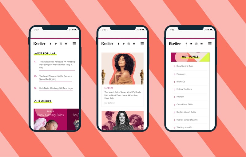 Kveller site displayed on three smartphone screens.