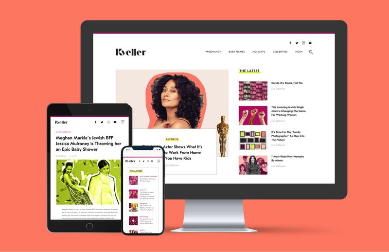 Kveller website displayed on desktop, tablet, and smartphone.