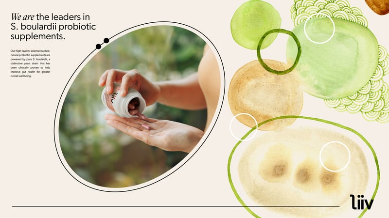 Image of person pouring Liiv probiotic supplements into their hand from the bottle. Alongside it, text reading: 