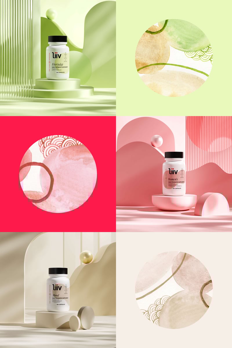 Three watercolor illustration images alongside three images of Liiv probiotics