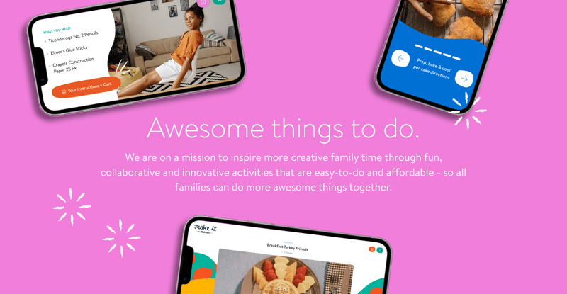 Smartphones displaying Make it with Walmart activities and text that reads: 